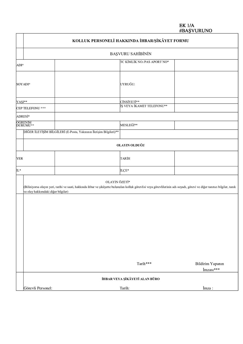 Kolluk Personeli Hakkında İhbar/Şikayet Formu 